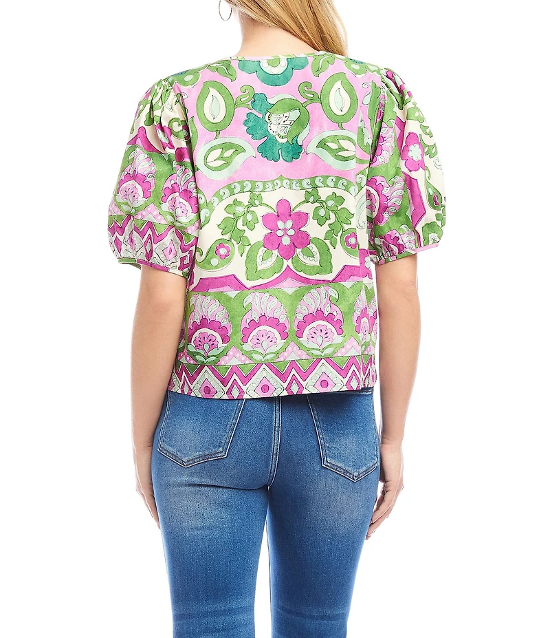 Karen Kane Printed Woven Split Round Neck Short Puff Sleeve Button-Front Shirt