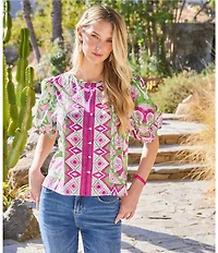 Karen Kane Printed Woven Split Round Neck Short Puff Sleeve Button-Front Shirt
