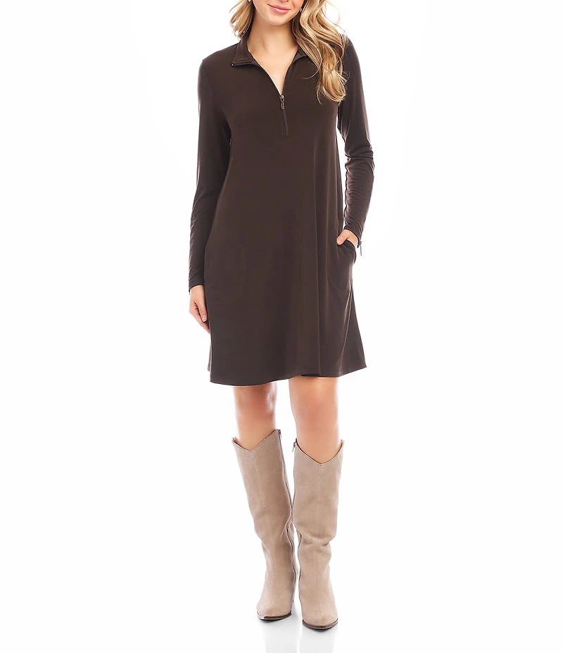 Karen Kane Quarter Zip Point Collar Long Sleeve Travel Jersey A-Line Dress