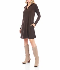 Karen Kane Quarter Zip Point Collar Long Sleeve Travel Jersey A-Line Dress