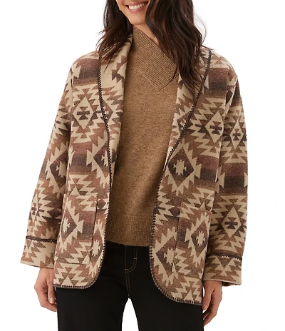 Karen Kane Ranch Jacket Blanket Geometric Print Band Collar Long Sleeve Open Front Ranch Jacket
