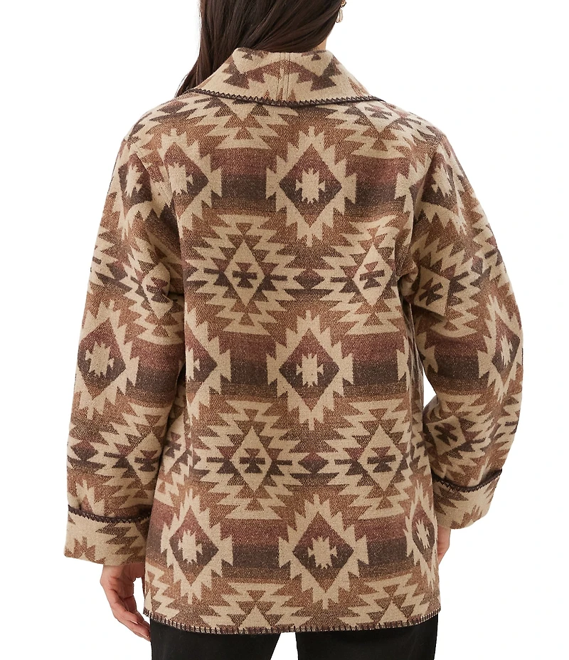 Karen Kane Ranch Jacket Blanket Geometric Print Band Collar Long Sleeve Open Front Ranch Jacket