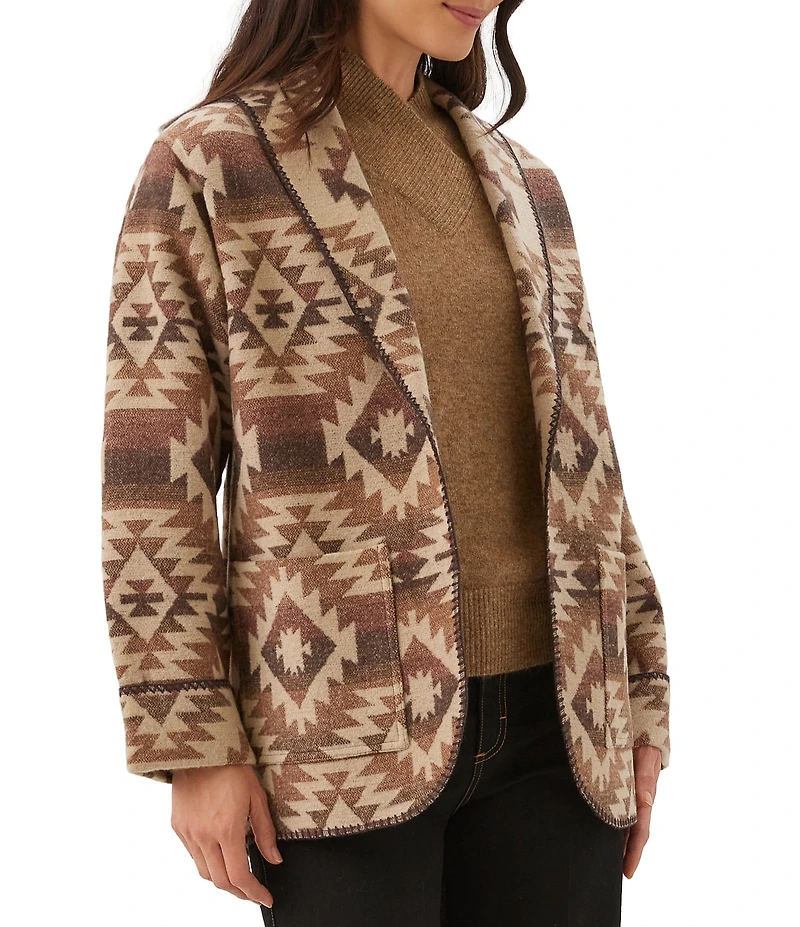 Karen Kane Ranch Jacket Blanket Geometric Print Band Collar Long Sleeve Open Front Ranch Jacket