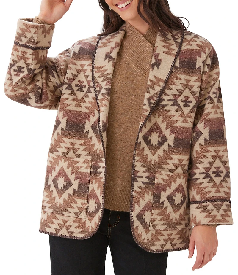Karen Kane Ranch Jacket Blanket Geometric Print Band Collar Long Sleeve Open Front Ranch Jacket