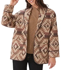 Karen Kane Ranch Jacket Blanket Geometric Print Band Collar Long Sleeve Open Front Ranch Jacket