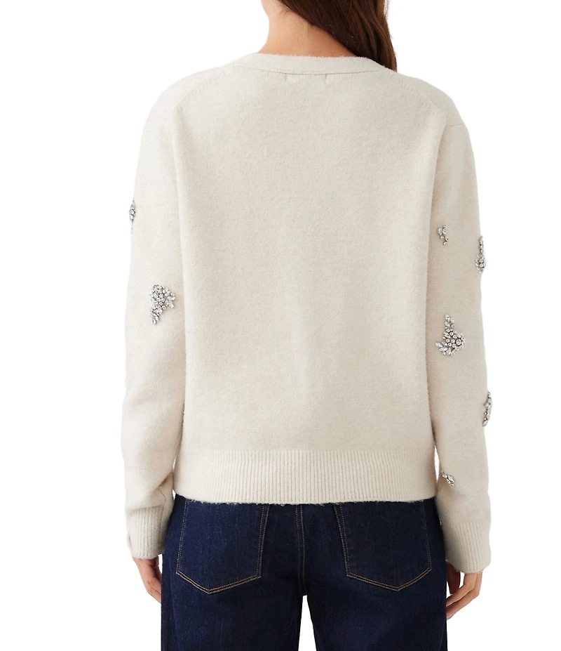 Karen Kane Rhinestone Embellished V Neck Long Sleeve Button Front Cardigan