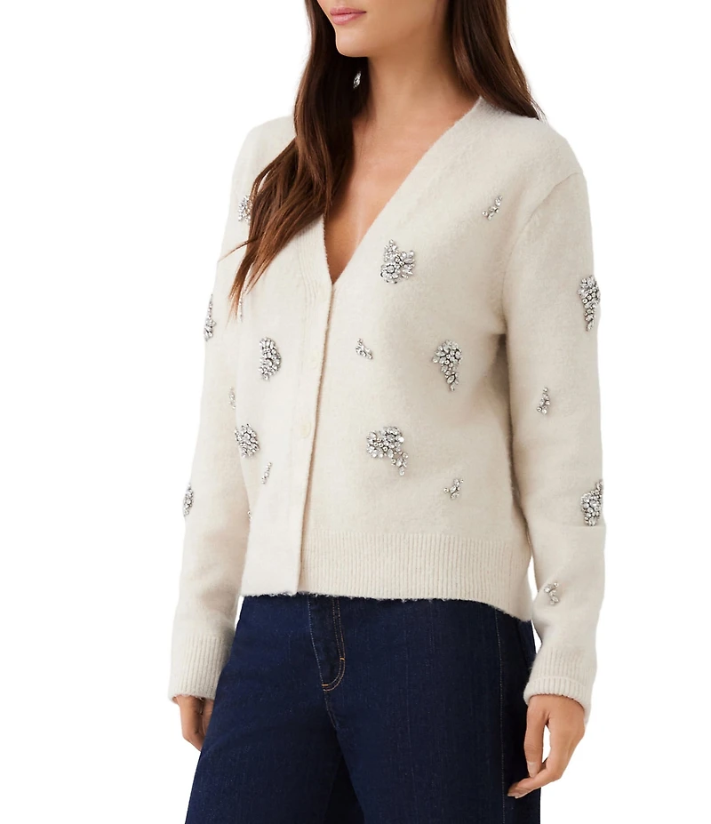 Karen Kane Rhinestone Embellished V Neck Long Sleeve Button Front Cardigan