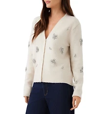 Karen Kane Rhinestone Embellished V Neck Long Sleeve Button Front Cardigan