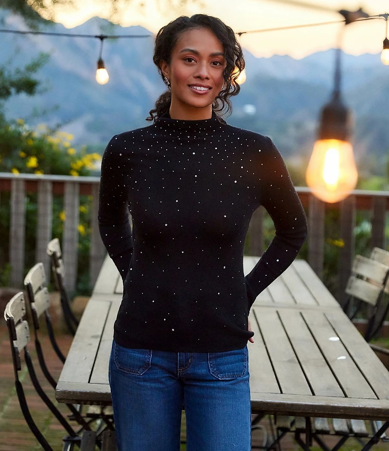 Karen Kane Rhinestone Mock Neck Long Sleeve Sweater