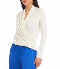 Karen Kane Ribbed Brushed Knit Long Sleeve Drape Front Crossover Top