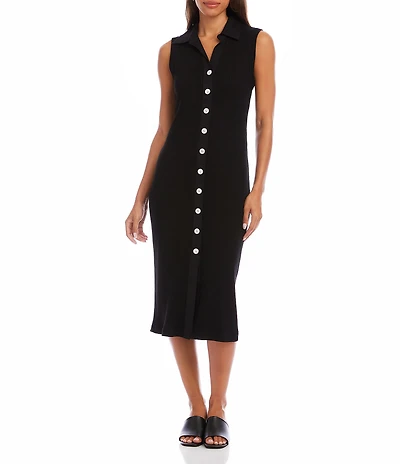 Karen Kane Ribbed Knit Contrast Collar Sleeveless Button Front Sheath Midi Dress