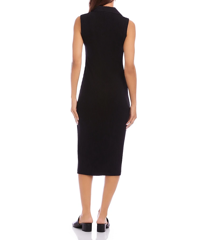 Karen Kane Ribbed Knit Contrast Collar Sleeveless Button Front Sheath Midi Dress