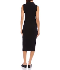 Karen Kane Ribbed Knit Contrast Collar Sleeveless Button Front Sheath Midi Dress