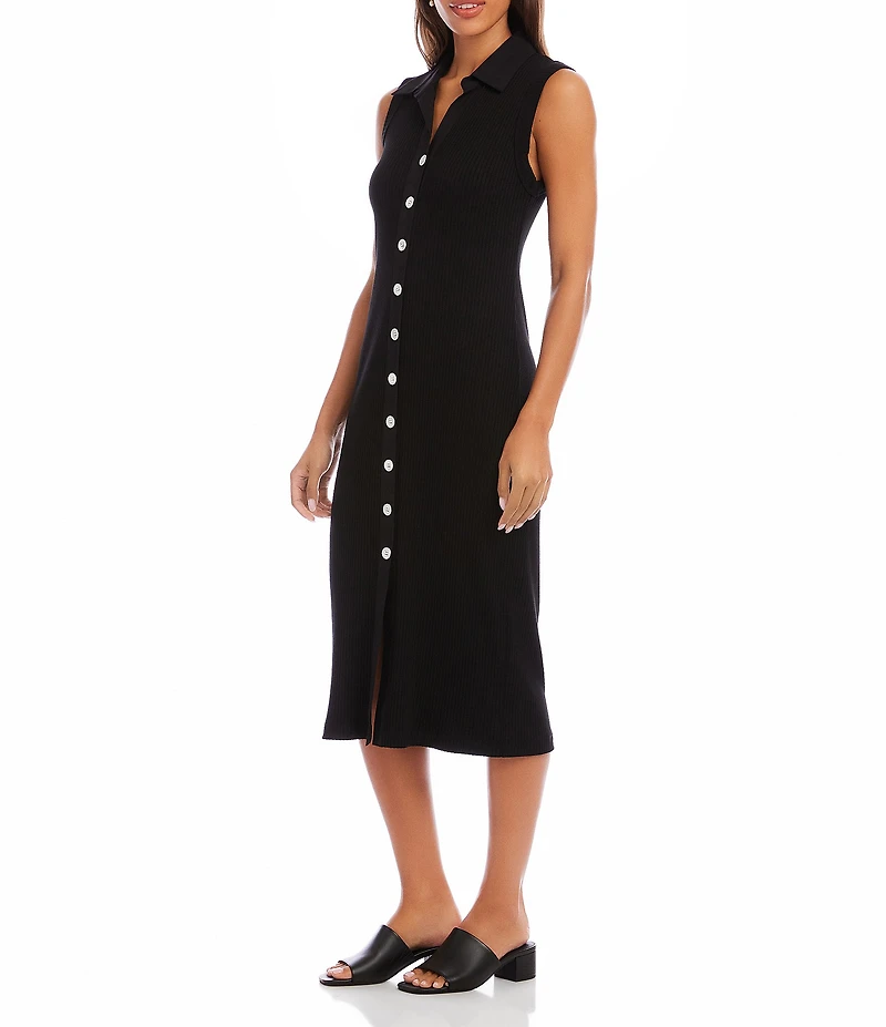 Karen Kane Ribbed Knit Contrast Collar Sleeveless Button Front Sheath Midi Dress