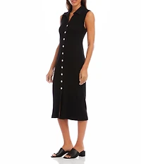 Karen Kane Ribbed Knit Contrast Collar Sleeveless Button Front Sheath Midi Dress