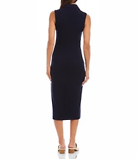 Karen Kane Ribbed Knit Contrast Collar Sleeveless Button Front Sheath Midi Dress