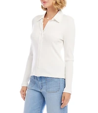 Karen Kane Ribbed Knit Contrast Point Collar Long Sleeve Button Front Shirt