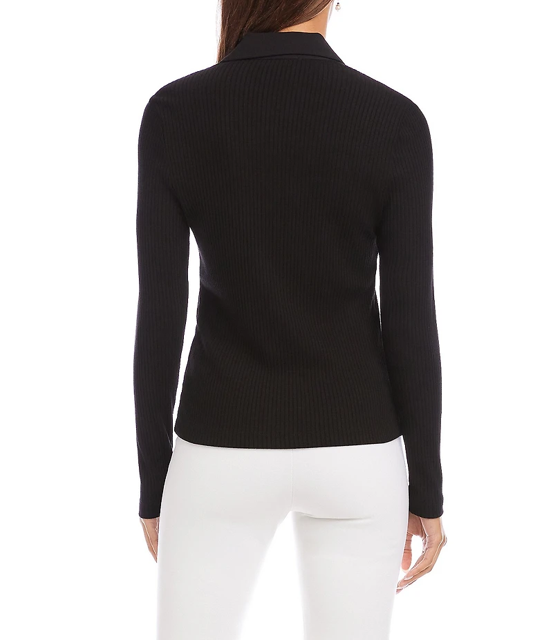 Karen Kane Ribbed Knit Contrast Point Collar Long Sleeve Button Front Shirt