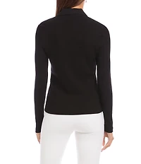 Karen Kane Ribbed Knit Contrast Point Collar Long Sleeve Button Front Shirt