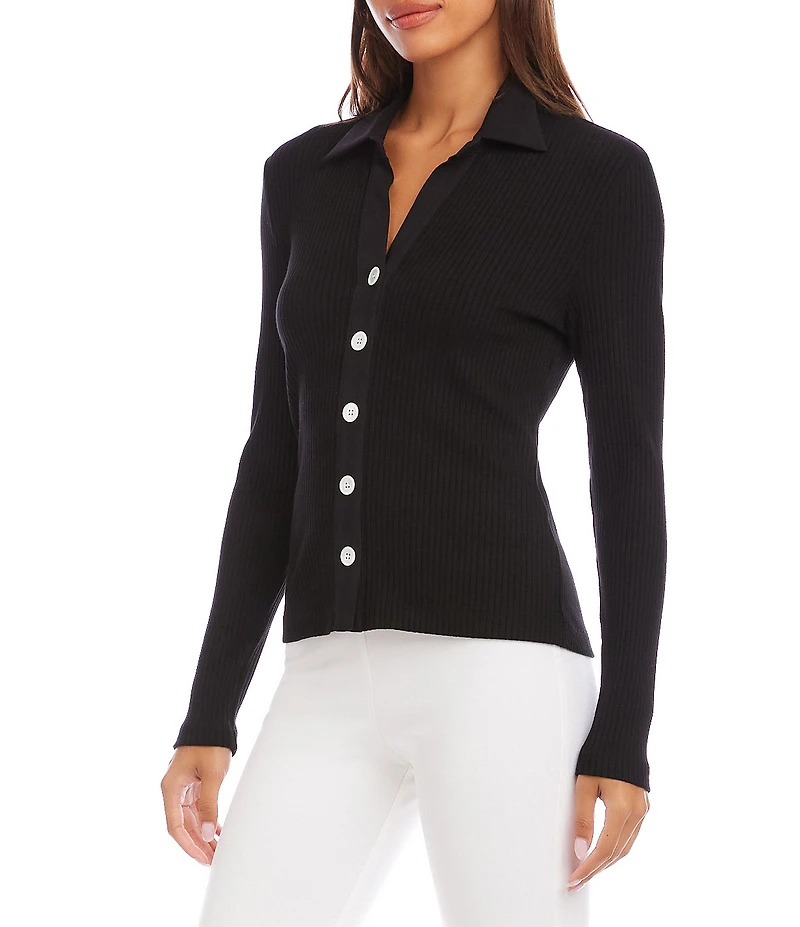 Karen Kane Ribbed Knit Contrast Point Collar Long Sleeve Button Front Shirt