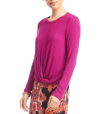 Karen Kane Ribbed Knit Crew Long Sleeved Drape Front Crossover Top