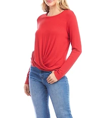 Karen Kane Ribbed Knit Crew Long Sleeved Drape Front Crossover Top