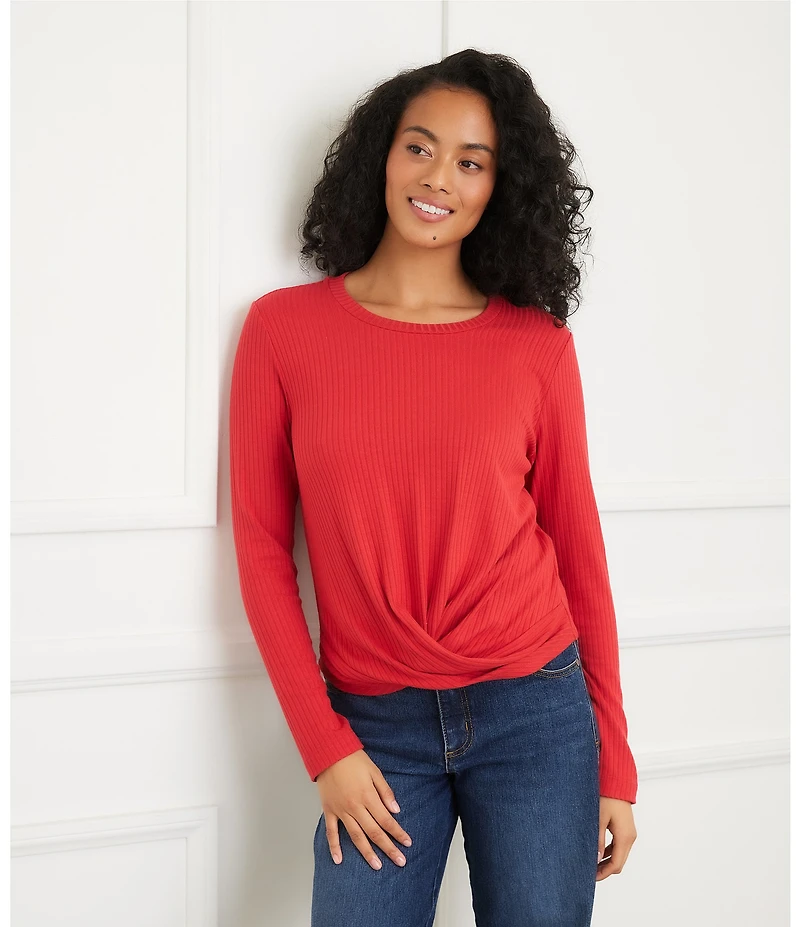 Karen Kane Ribbed Knit Crew Long Sleeved Drape Front Crossover Top