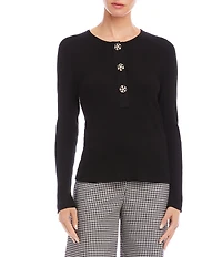 Karen Kane Ribbed Knit Crew Neck Long Sleeve Flower Button Detail Top