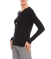 Karen Kane Ribbed Knit Crew Neck Long Sleeve Flower Button Detail Top