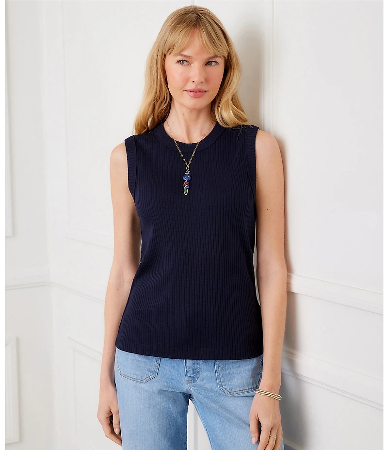 Karen Kane Ribbed Knit Crew Neck Sleeveless Straight Hem Tank