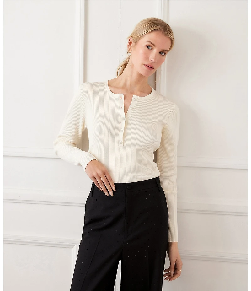 Karen Kane Ribbed Knit Long Sleeve Henley Top