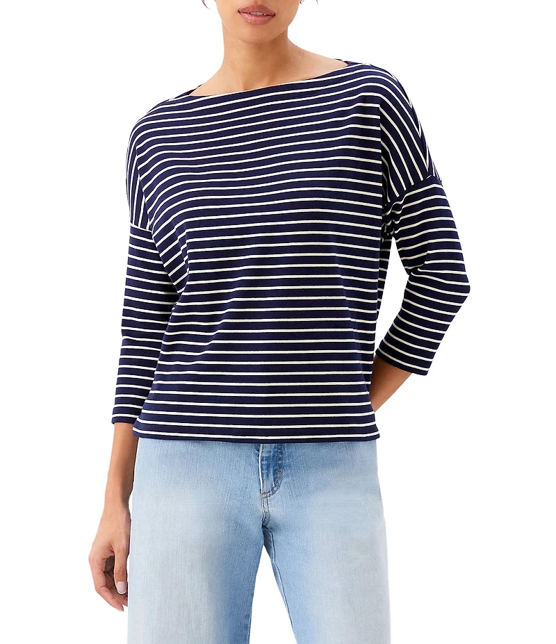 Karen Kane Ribbed Knit Stripe Boat Neck 3/4 Sleeve Top