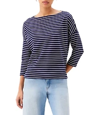 Karen Kane Ribbed Knit Stripe Boat Neck 3/4 Sleeve Top