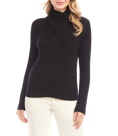Karen Kane Ribbed Knit Turtleneck Long Sleeve Faux Wrap Top