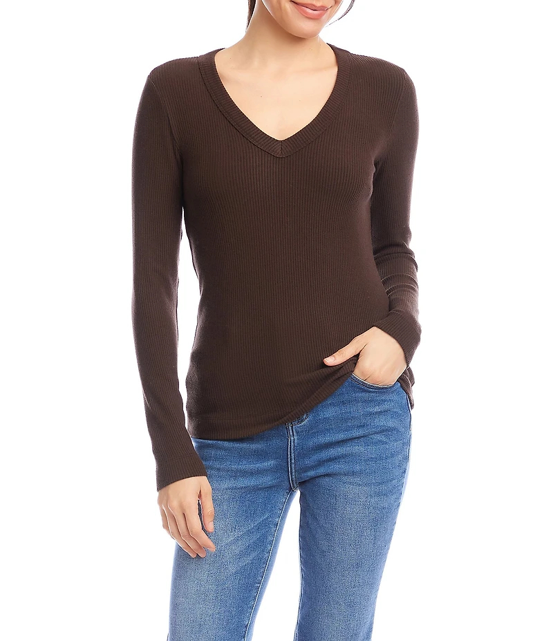 Karen Kane Ribbed Knit V- Neck Long Sleeve Top