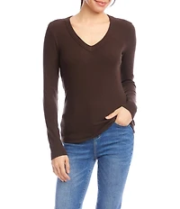 Karen Kane Ribbed Knit V- Neck Long Sleeve Top