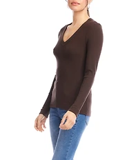 Karen Kane Ribbed Knit V- Neck Long Sleeve Top