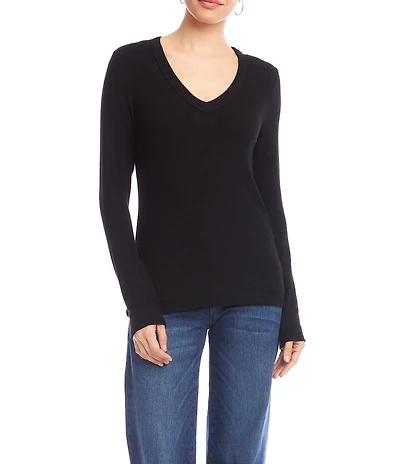Karen Kane Ribbed Knit V- Neck Long Sleeve Top
