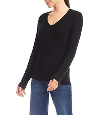 Karen Kane Ribbed Knit V- Neck Long Sleeve Top