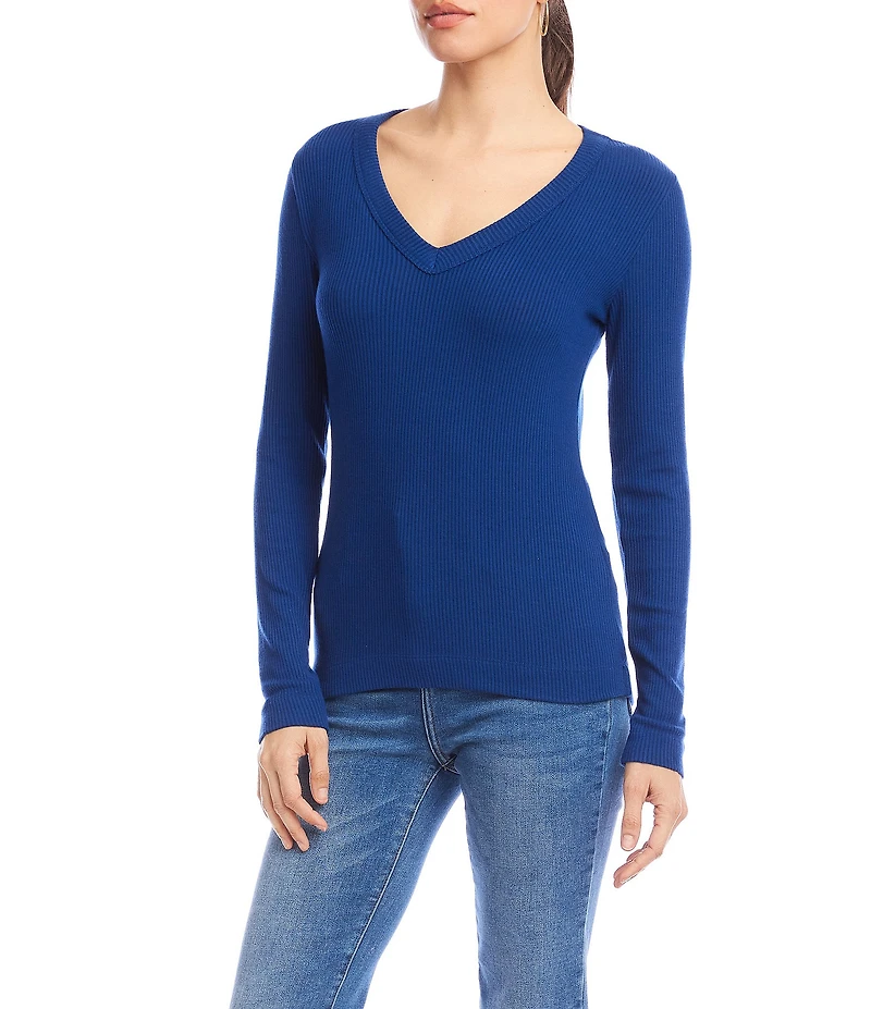 Karen Kane Ribbed Knit V- Neck Long Sleeve Top