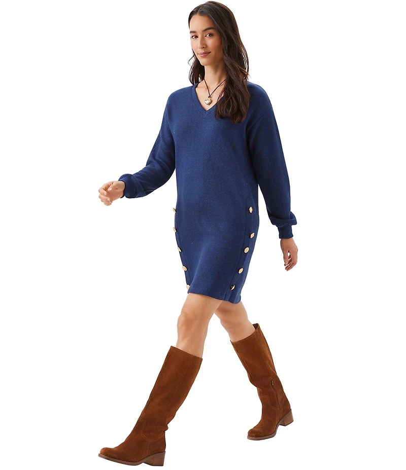 Karen Kane Ribbed Knit V-Neck Long Sleeve Pull Over A-Line Dress