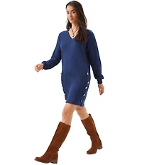 Karen Kane Ribbed Knit V-Neck Long Sleeve Pull Over A-Line Dress