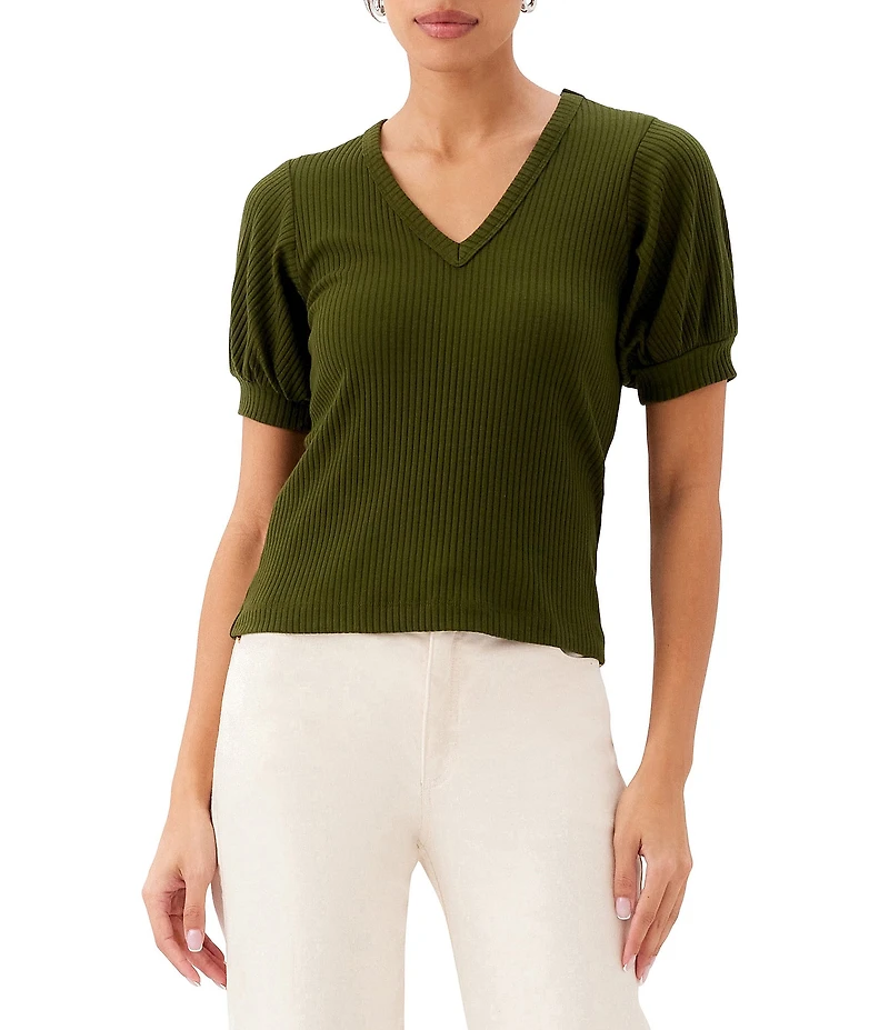 Karen Kane Ribbed Knit V-Neck Short Sleeve Top