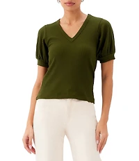 Karen Kane Ribbed Knit V-Neck Short Sleeve Top