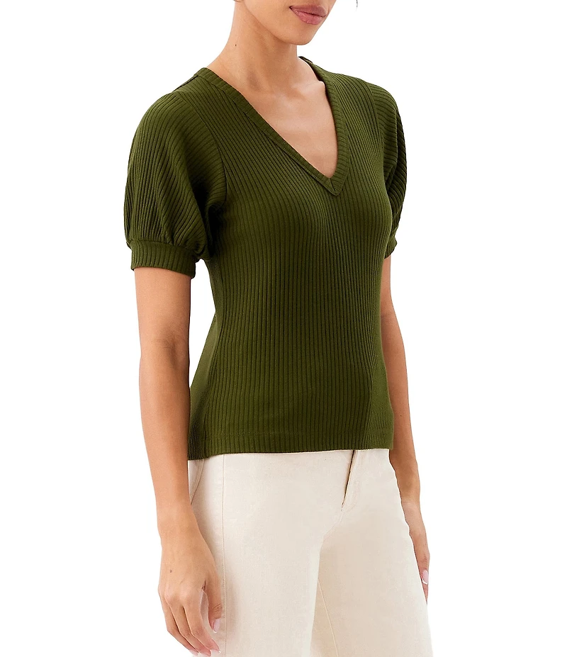 Karen Kane Ribbed Knit V-Neck Short Sleeve Top
