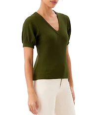 Karen Kane Ribbed Knit V-Neck Short Sleeve Top
