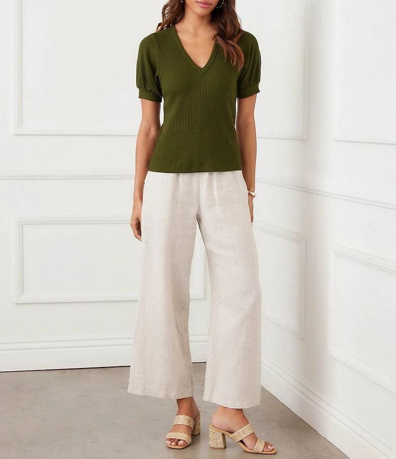Karen Kane Ribbed Knit V-Neck Short Sleeve Top
