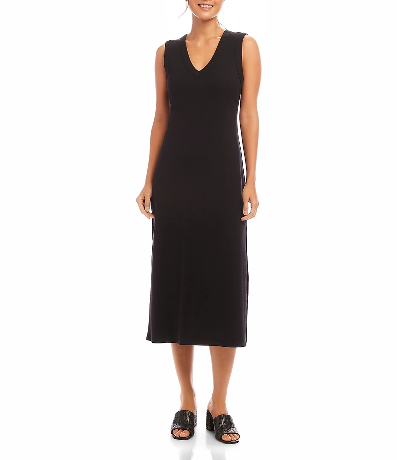 Karen Kane Ribbed Knit V-Neck Sleeveless Midi Dress