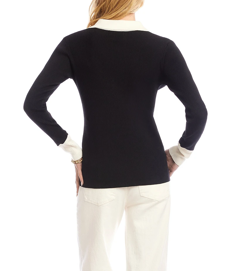 Karen Kane Ribbed Polo V-Neck Point Collar Long Sleeve Top