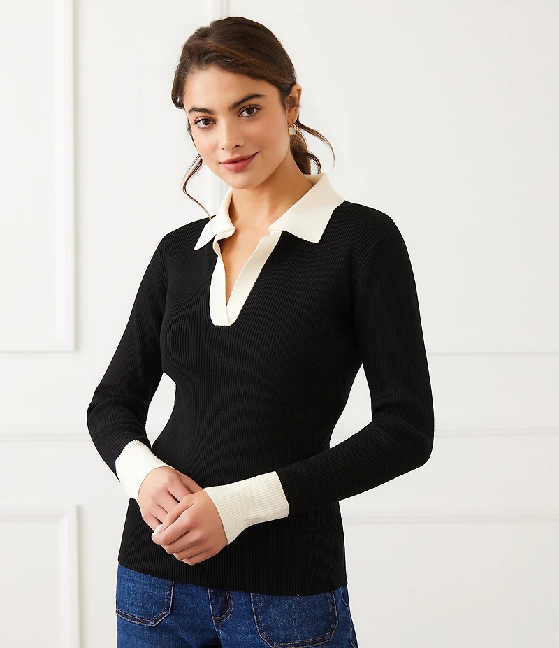 Karen Kane Ribbed Polo V-Neck Point Collar Long Sleeve Top